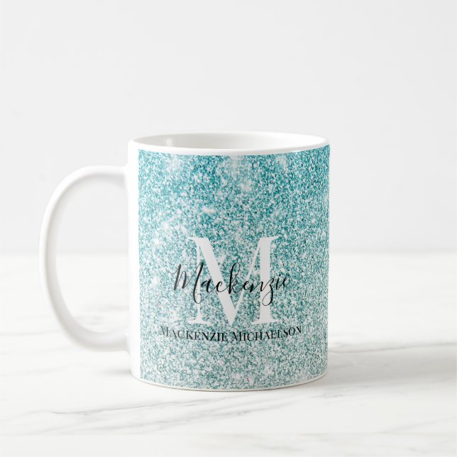 Taza De Café Girly Aqua Blue Silver Purpurina Monograma (Izquierda)