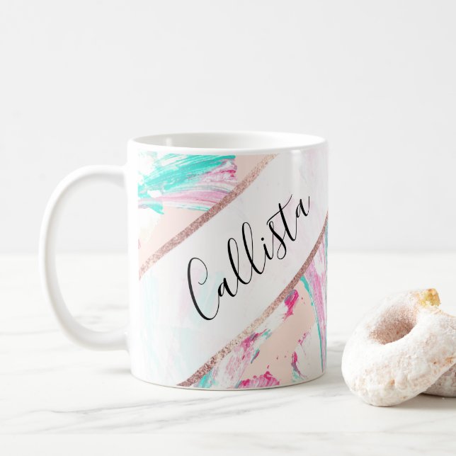 Taza De Café Girly Artsy Arte Verde azulado Acrílico Rosa Abstr (Con donut)