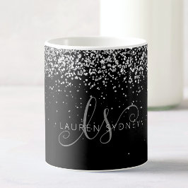 Taza De Café Glam Black Silver Purpurina Monograma Nombre café 