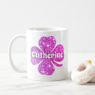 Taza De Café Glam Girly Hot Pink Purpurina Lucky Clover Name