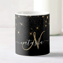 Taza De Café Glam Gold Purpurina Diamond Sparkle Elegant Monogr