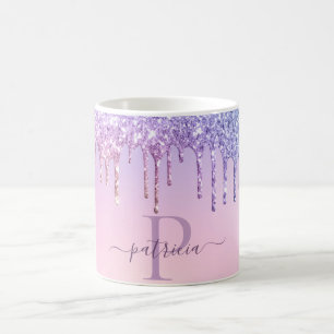 Taza De Café Glam Morado Glitter Goteos Monograma Elegante