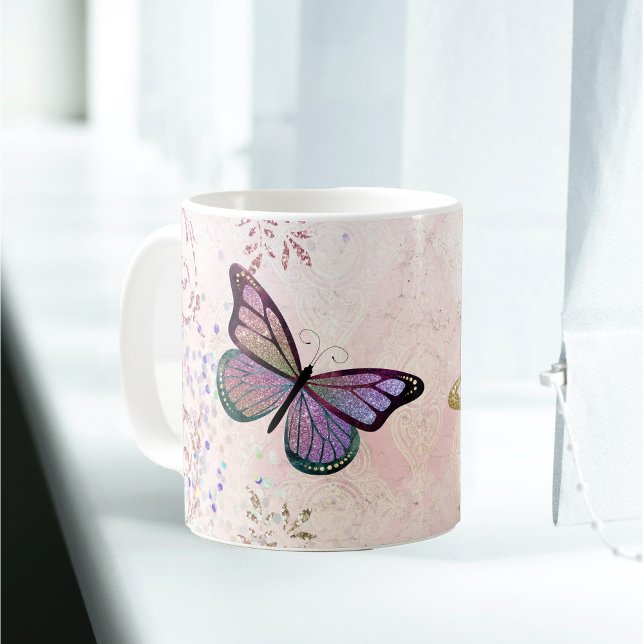 Taza De Café Glam Pink Gold Purple Butterflies (Subido por el creador)