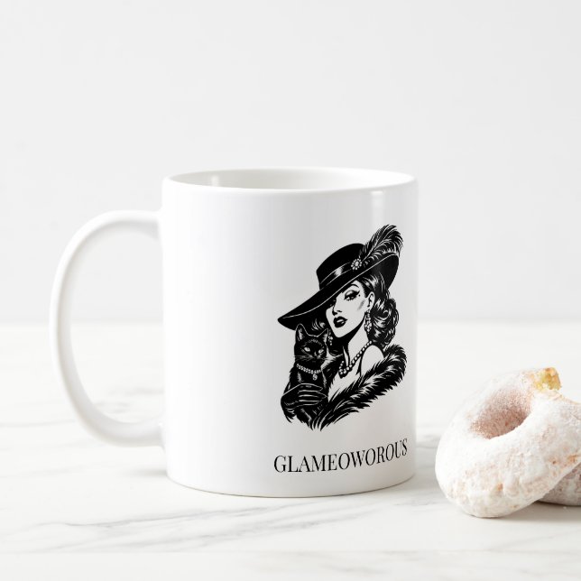 Taza De Café Glam Woman with Cat Fashion Illustration (Con donut)