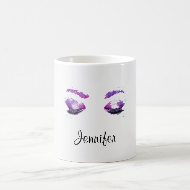 Taza De Café Glamorosos Ojos Púrpuros y Flores Acuarela (Centro)