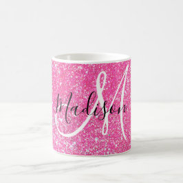 Taza De Café Glamour Femenino Rosa Brillante Purpurina Monogram