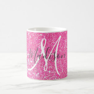 Taza De Café Glamour Femenino Rosa Brillante Purpurina Monogram