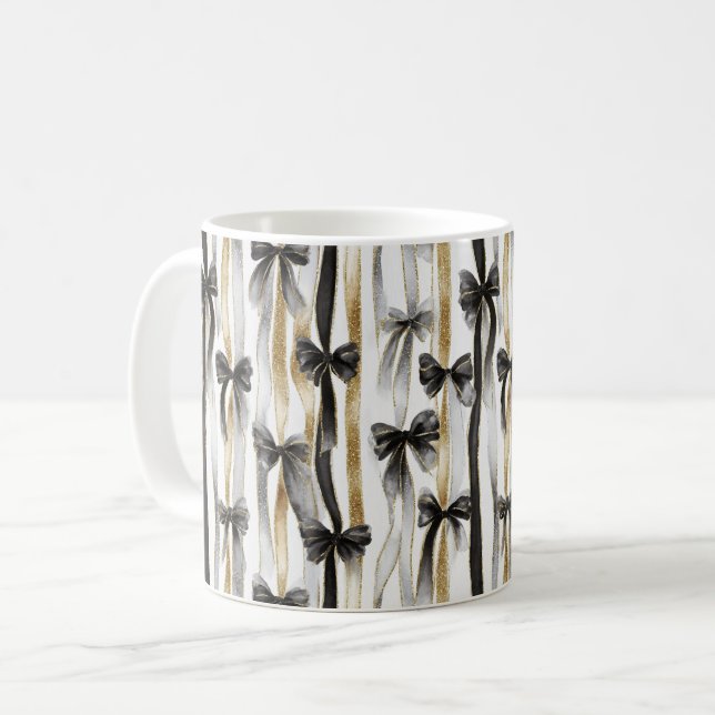 Taza De Café Glitzy Gold Silver Black Ribbons Bows (Anverso izquierdo)