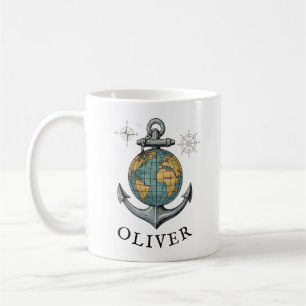 Taza De Café Globo y ancla náuticos vintage