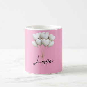 Taza De Café Globos Blancos y Rosados con Corazones de Amor