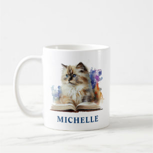 Taza De Café Glorioso Watercolor Ragdoll Cat y Flores Azules