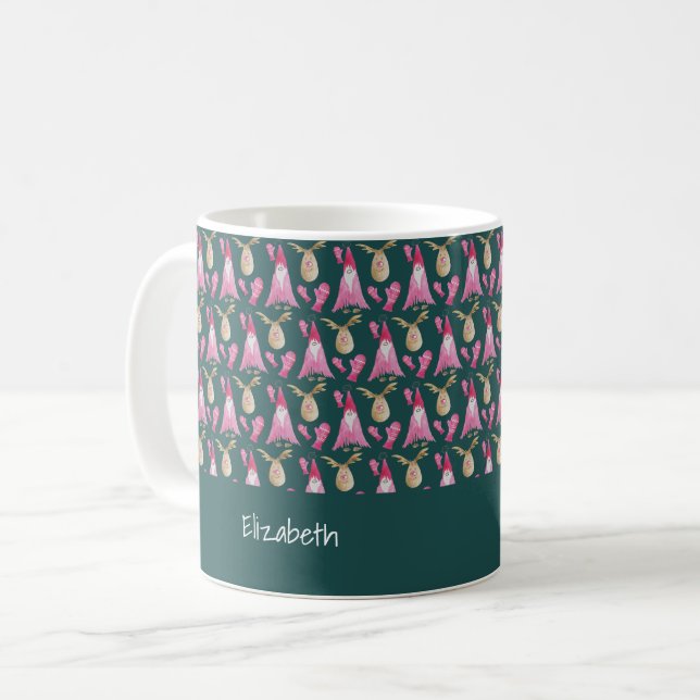 Taza De Café Gnome Y Reno Con Guante Rosa (Anverso izquierdo)