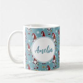 Taza De Café Gnomos Navideños Nórdicos Patrón Azul Con Nombre 
