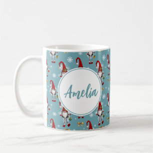 Taza De Café Gnomos Navideños Nórdicos Patrón Azul Con Nombre 