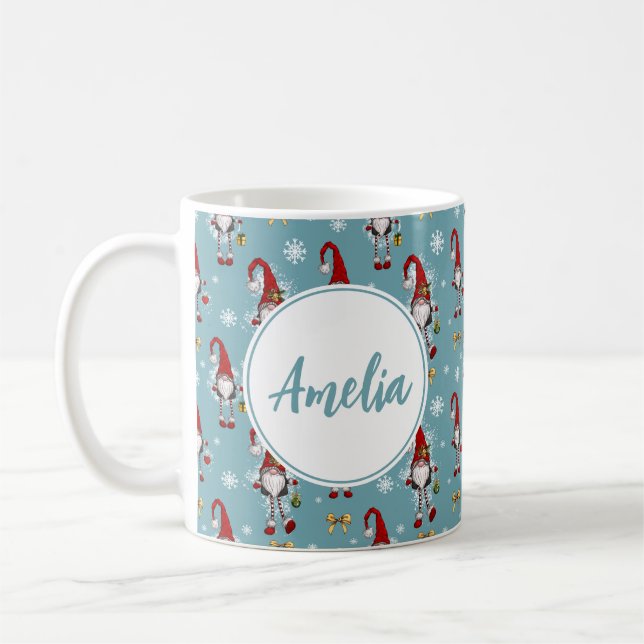Taza De Café Gnomos Navideños Nórdicos Patrón Azul Con Nombre  (Izquierda)