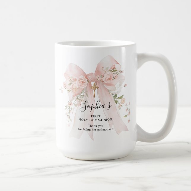 Taza De Café Godmother Gift First Communion Pink Bow Roses (Derecha)