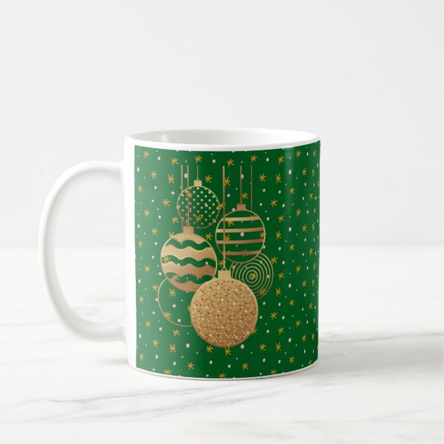 Taza De Café Gold baubles and stars on a green background (Izquierda)