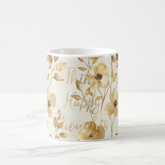 Taza De Café Gold Flowers Inspirational Happy Thoughts (Centro)
