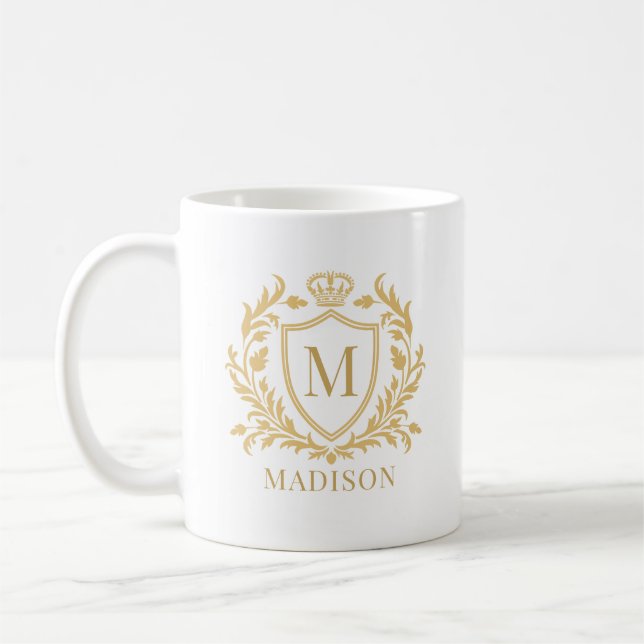 Taza De Café Gold Heraldic Crest Crown Monogram (Izquierda)