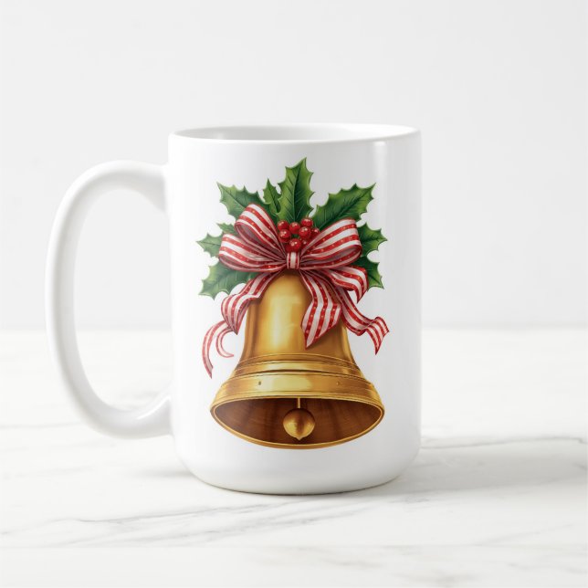 Taza De Café Golden Christmas Bell Holly and Stripe Bow (Izquierda)