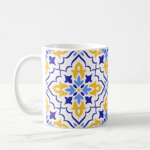 Taza De Café Golden Harmony Blue Floral Mosaic Elegant