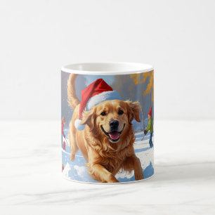 Taza De Café Golden Retriever en la nieve con sombrero de Navid