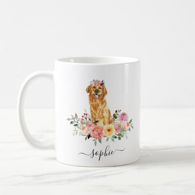 Taza De Café Golden Retriever Personalized Floral Coffee Mug (Izquierda)