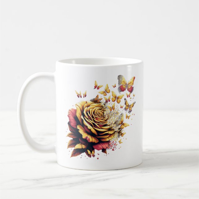 Taza De Café Golden Rose Explosion into Butterflies Transform (Izquierda)
