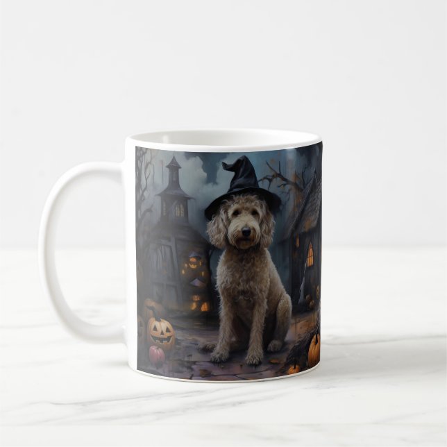 Taza De Café Goldendoodle Pumpkins Halloween Scary (Izquierda)