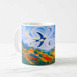 Taza De Café Golondrinas volando sobre un paisaje estival fluye