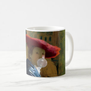 Taza De Café Goma de burbuja Diva en un gorra rojo soplando un 