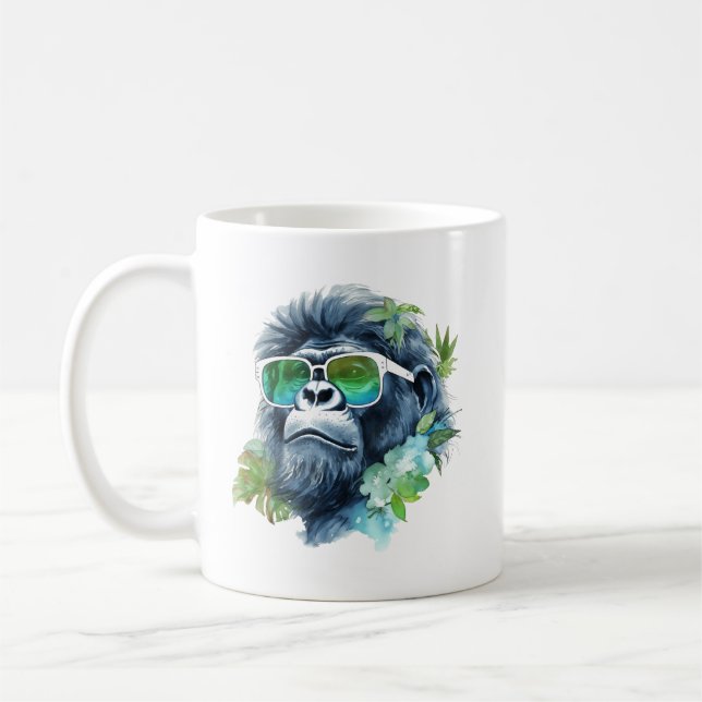 Taza De Café Gorila de jungla acuarela con gafas de sol y hojas (Izquierda)