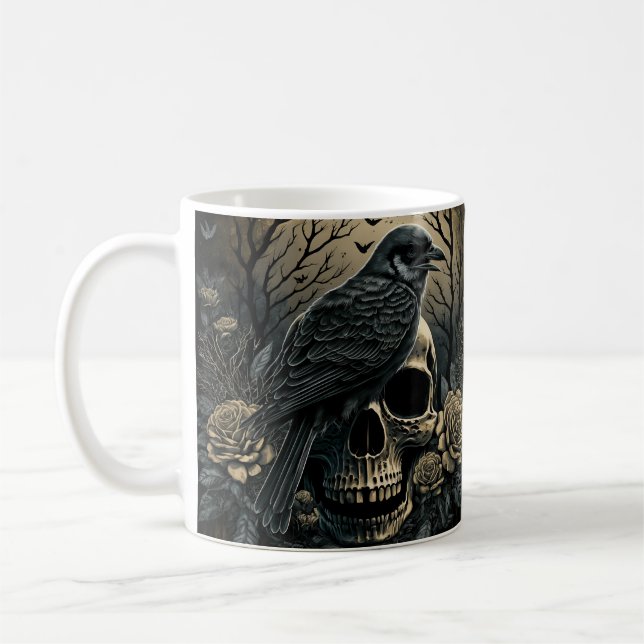 Taza De Café Goth Skull Art with Raven Design (Izquierda)
