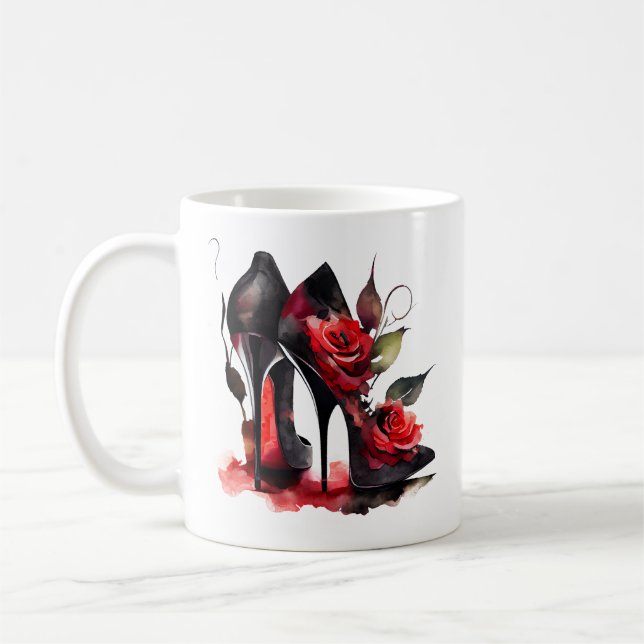 Taza De Café Gótico Fashionista Rojo abajo Stilettos con Rosas (Izquierda)