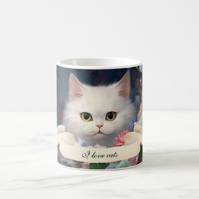 Taza De Café Gourgeous White Cat Y Flores Personalizado Mug (Centro)