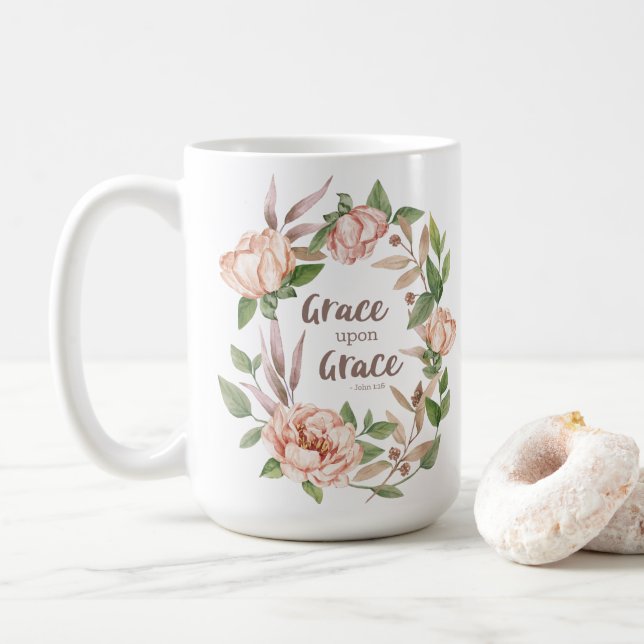 Taza De Café Grace Upon Grace - John 1:16 - Floral (Con donut)