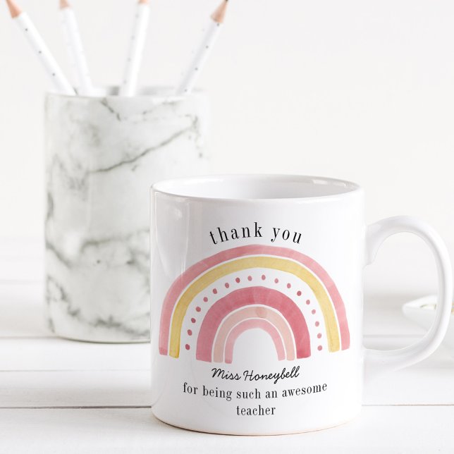 Taza De Café Gracias Doodle Rosa Arcoíris Increíble Profesor (Awesome Teacher thank you gift mug with pastel rainbow)