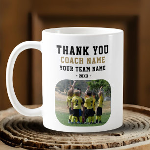 Taza De Café Gracias entrenador con foto de nombre de equipo