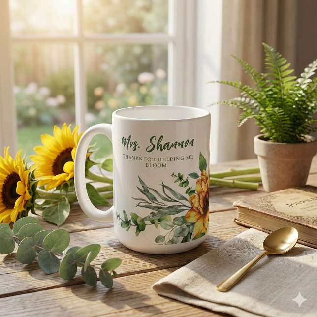 Taza De Café Gracias Por Ayudarme A Bloom Sunflower Mug (Thank a special teacher with this beautiful sunflower, "Thanks for helping me bloom" mug! )