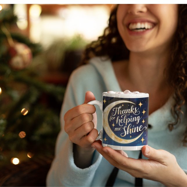 Taza De Café Gracias Por Ayudarme A Brillar Mug (Thank someone special this holiday with this, "Thanks for helping me shine" moon and stars mug! )