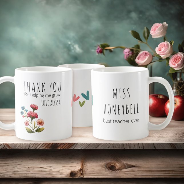 Taza De Café Gracias por ayudarme a crecer profesor de flores (Thank you for helping me grow, pretty personalized gift mug for school teacher)