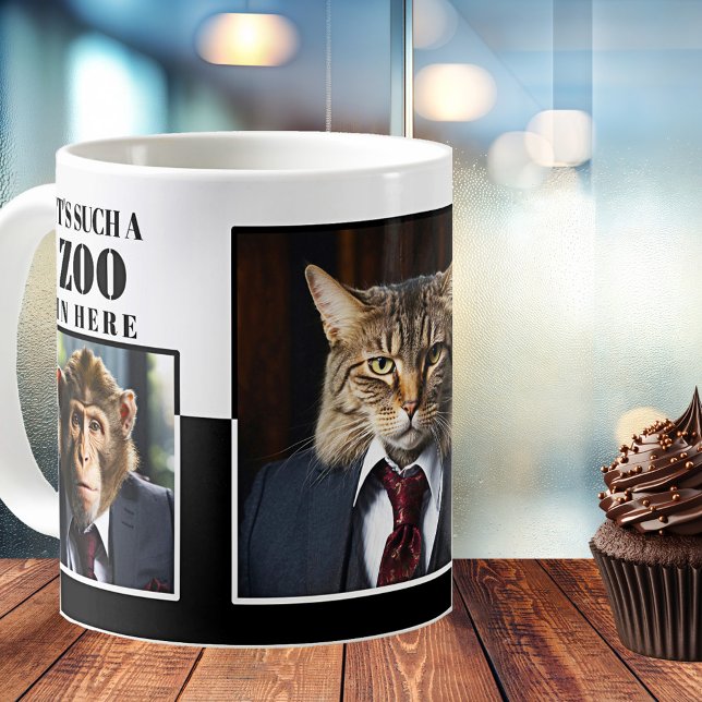 Taza De Café Graciosa Oficina Grumpy Boss (Funny office mug featuring grumpy boss imagery with a cat and other animals - simple black and white)