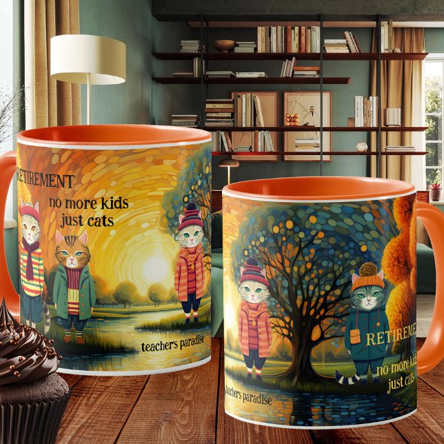 Taza De Café Gracioso destierro de retiro de profesor de gato (Mug featuring a colorful painting with funny cats. Great for a teacher retirement )