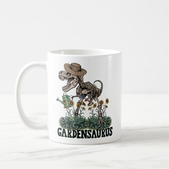 Taza De Café Gracioso esqueleto T-Rex Gardensaurus en el jardín (Izquierda)