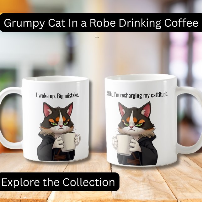 Taza De Café Gracioso gato Grumpy en un gato con un robot y un  (Funny Grumpy Cat in a Robe with Coffee.  Perfect gifts, Cat lovers, Coffee Lovers)