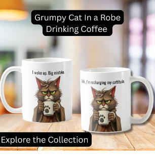 Taza De Café Gracioso gato Grumpy en un gato con un robot y un 
