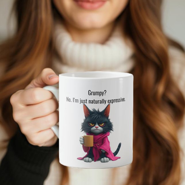 Taza De Café Gracioso gato Grumpy en un gato negro con un robot (Funny Cat Mug-Grumpy cat-Cat in a Robe and Coffee-Black Cat Coffee Mug )