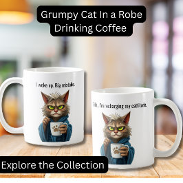 Taza De Café Gracioso gato gruñón en un gato con un robot y un 