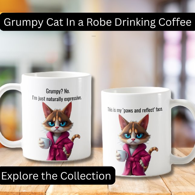 Taza De Café Gracioso gato gruñón en un gato de roble y café de (Funny Grumpy Cat in a Robe with Coffee.  Perfect gifts, Cat lovers, Coffee Lovers)