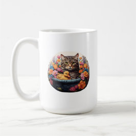 Taza De Café Gracioso Gato Y Pato En Una Cesta Con Flores